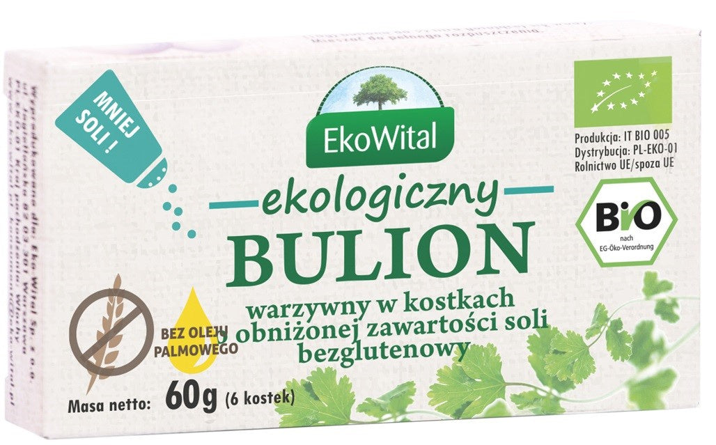 Bulion warzywny w kostkach o obniżonej zawartości soli bez oleju palmowego bezglutenowy BIO 60 g - Ekowital