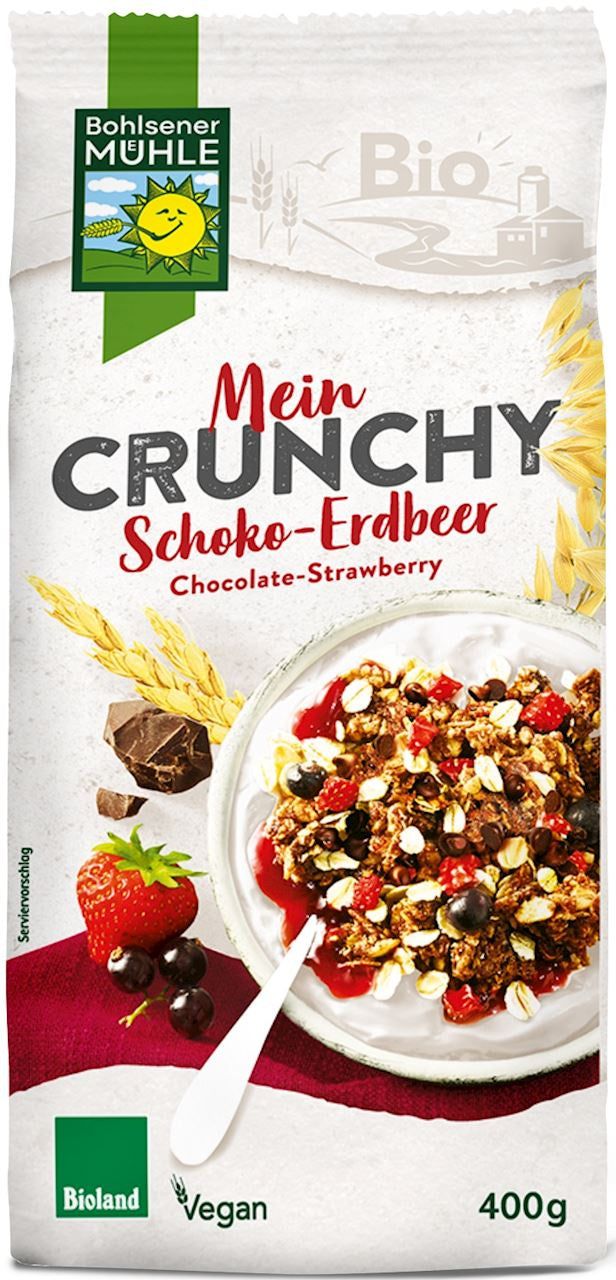 Crunchy czekoladowe z truskawkami i czarną porzeczką bio 400 g - bohlsener muehle