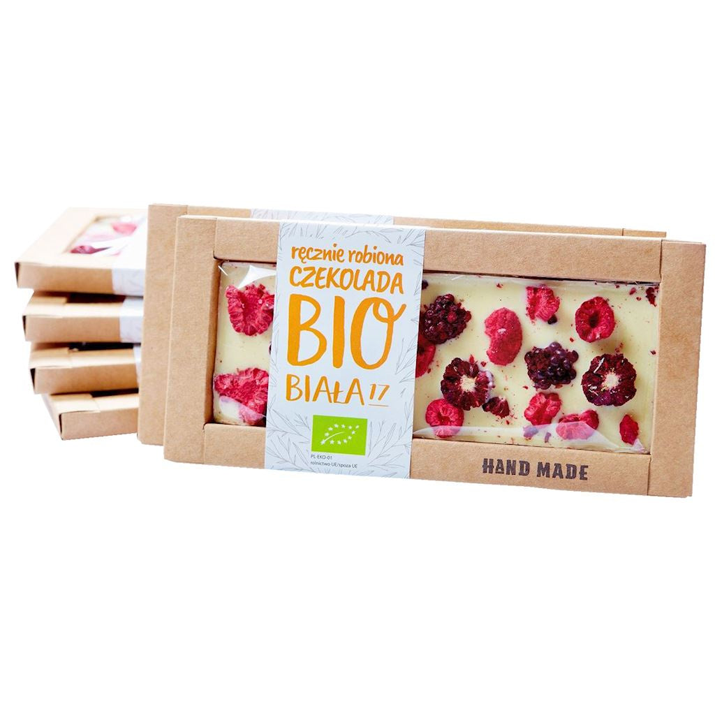Czekolada biała z malinami i jeżynami bio 53 g