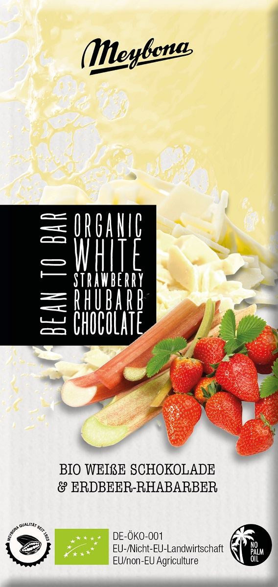 Czekolada biała z truskawkami i rabarbarem bio 100 g - Meybona