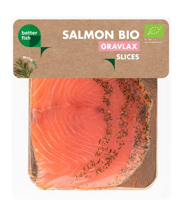 Łosoś atlantycki ekologiczny, plastry marynowane z koprem BIO 100 g (b salmon)
