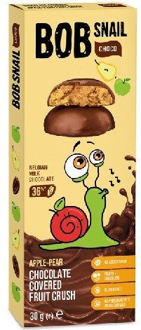 Przekąska jabłkowo - gruszkowa w mlecznej czekoladzie belgijskiej bez dodatku cukru bezglutenowa 30 g - Bob Snail