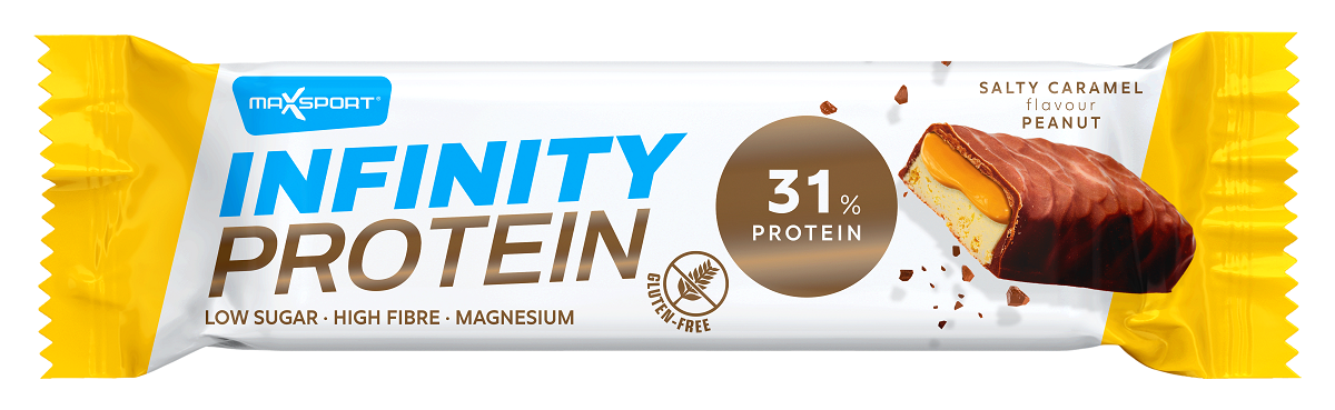 Baton proteinowy z karmelem i orzeszkami ziemnymi w mlecznej czekoladzie bezglutenowy 55 g - MAXSPORT