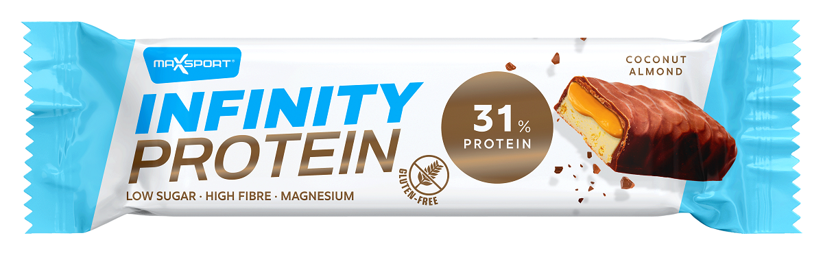 Baton proteinowy z karmelem, kokosem i migdałami w mlecznej czekoladzie bezglutenowy 55 g - MaxSport