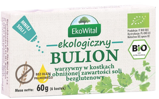 Bulion warzywny w kostkach o obniżonej zawartości soli bez oleju palmowego bezglutenowy BIO 60 g - Ekowital