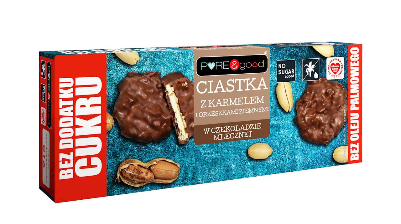 Ciastka z karmelem i z orzechami ziemnymi w czekoladzie mlecznej bez dodatku cukru 128g