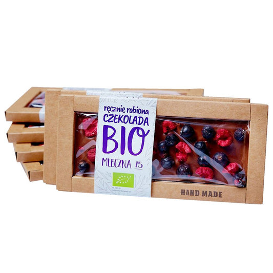 Czekolada mleczna z czarnymi porzeczkami i malinami bio 53 g