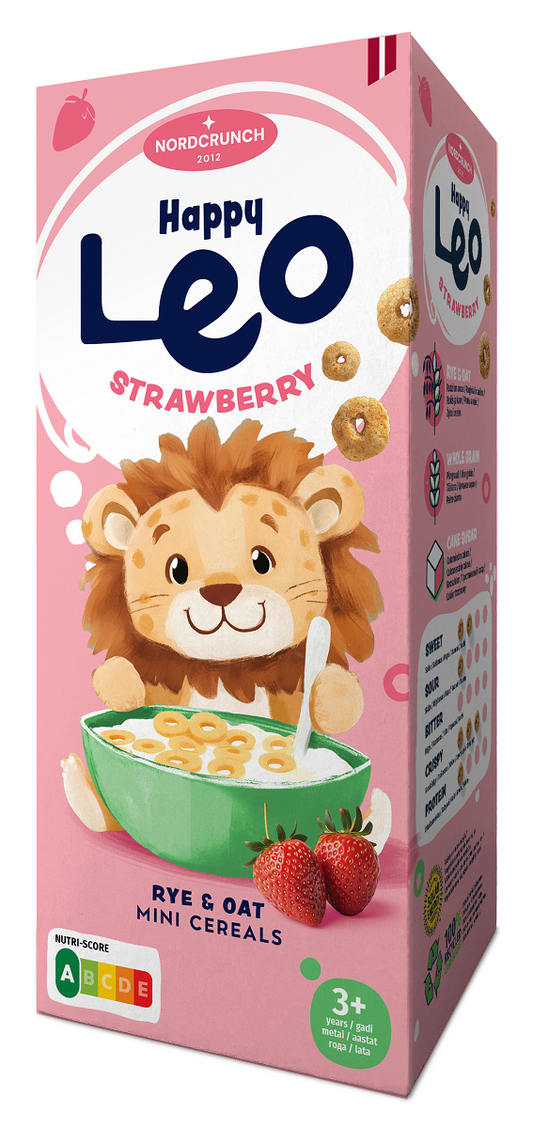 Kółka zbożowe truskawkowe dla dzieci 150 g - Nordcrunch (Happy Leo)
