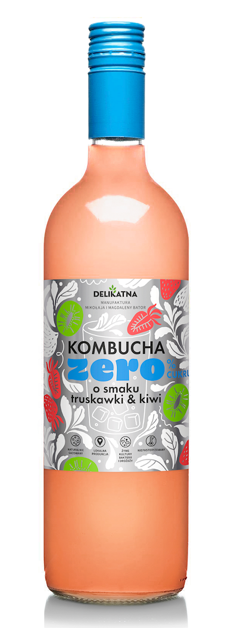 Kombucha o smaku truskawki i kiwi zero % cukru 700 ml - delikatna (Zakwasownia)