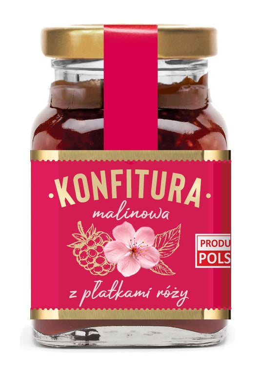 Konfitura malinowa z płatkami róż o obniżonej zawartości cukru 170 g - Polska Róża