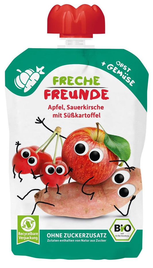 Mus jabłko - wiśnia - batat bez dodatku cukrów bezglutenowy od 6 miesiąca bio 100 g - Freche Freunde