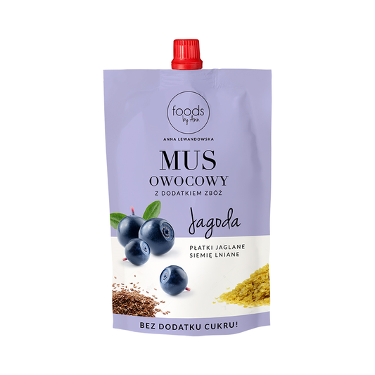 Mus owocowy jagoda płatki jaglane siemię lniane 100 g