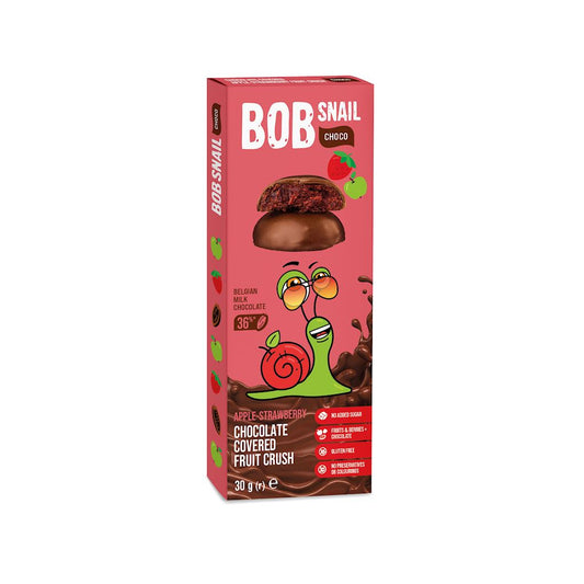 PRZEKĄSKA CHOCO JABŁKO - TRUSKAWKA W MLECZNEJ CZEKOLADZIE BIELGIJSKIEJ BEZ DODATKU CUKRÓW BEZGLUTENOWA 30 g - BOB SNAIL