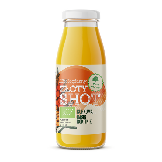 Shot złoty na odporność kurkuma - imbir - rokitnik bio 250 ml - Dary Natury